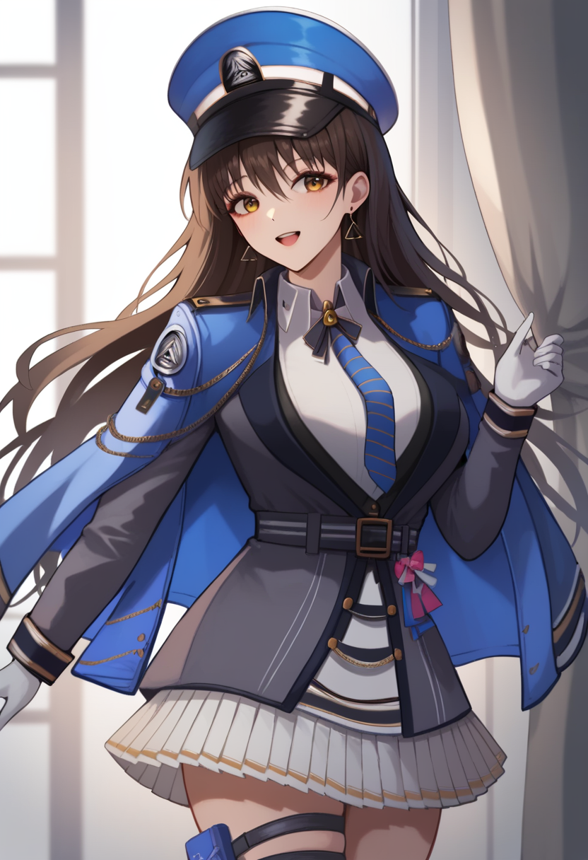 score_9,score_8_up,score_7_up,<lora:diesel_(nikke):1>,1girl,diesel_\(nikke\),long_hair,blue_necktie,brown_eyes,military_hat,black_hair,military_uniform,blue_hat,white_shirt,peaked_cap,collared_shirt,white_skirt,striped_necktie,pleated_skirt,