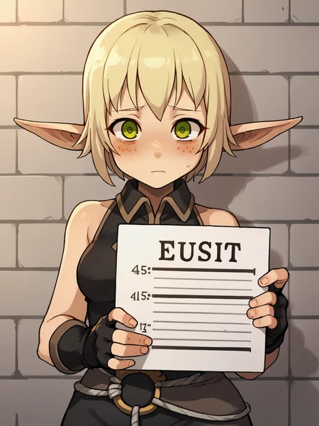 score_9, score_8_up, score_7_up, score_6_up, score_5_up, score_4_up, BREAK, source_cartoon, source_anime,1girl, evangelyneold, blonde hair, short hair, green eyes, blonde hair, blush, pointy ears, bare shoulders, black fingerless gloves, holding sign, mugshot, sad, looking at viewer <lora:EvangelyneXL:1>