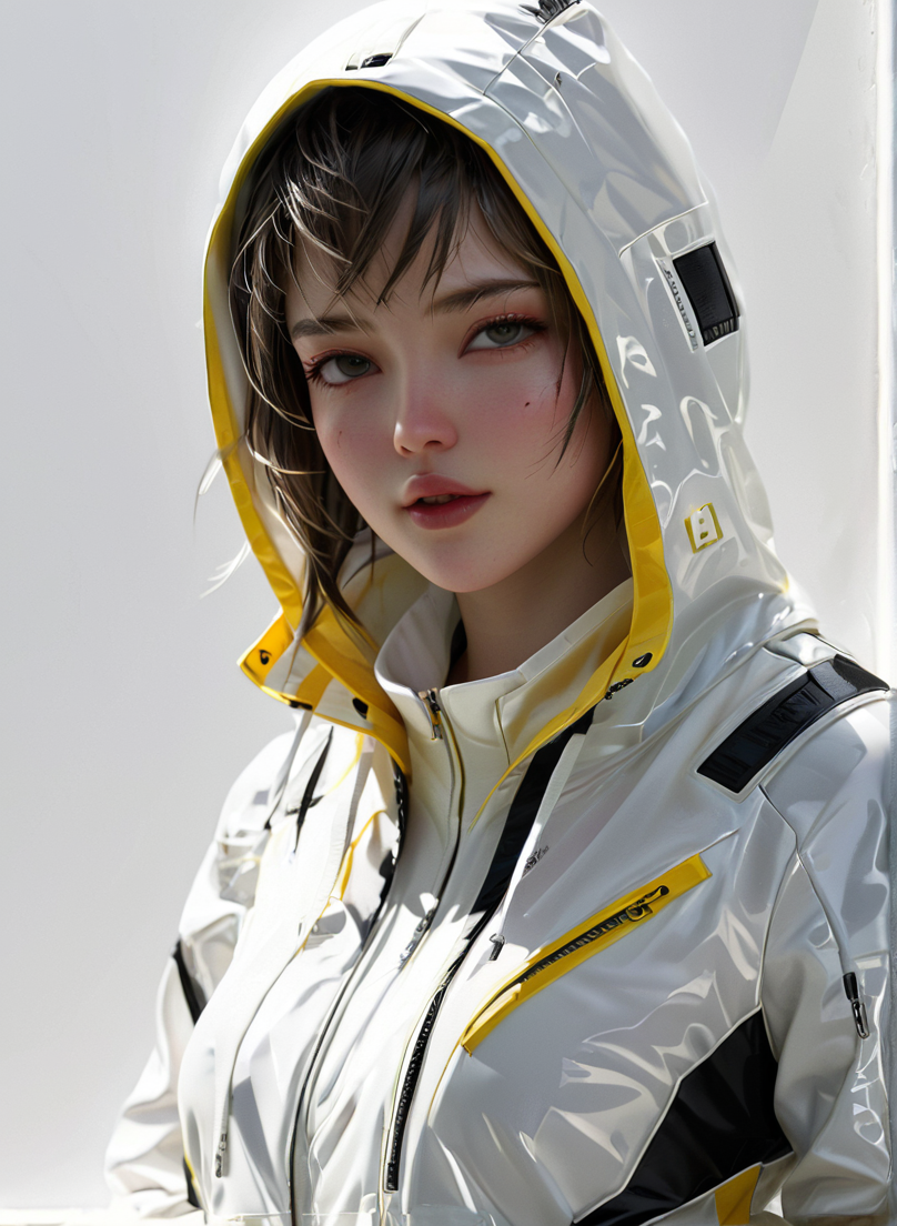 masterpiece,high resolution,shadow detail,natural light,
 <lora:TechWearXL:0.8>,
techwear, 
 1girl, solo,,looking at viewer, parted lips, hood up,  upper body,white jacket