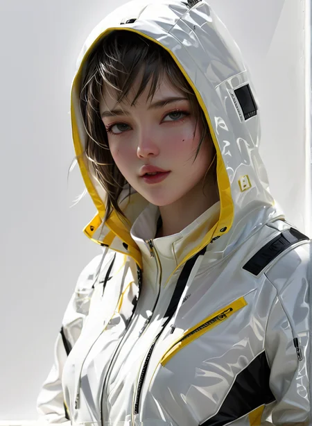 masterpiece,high resolution,shadow detail,natural light,
<lora:TechWearXL:0.8>,
techwear,
1girl, solo,,looking at viewer, parted lips, hood up, upper body,white jacket