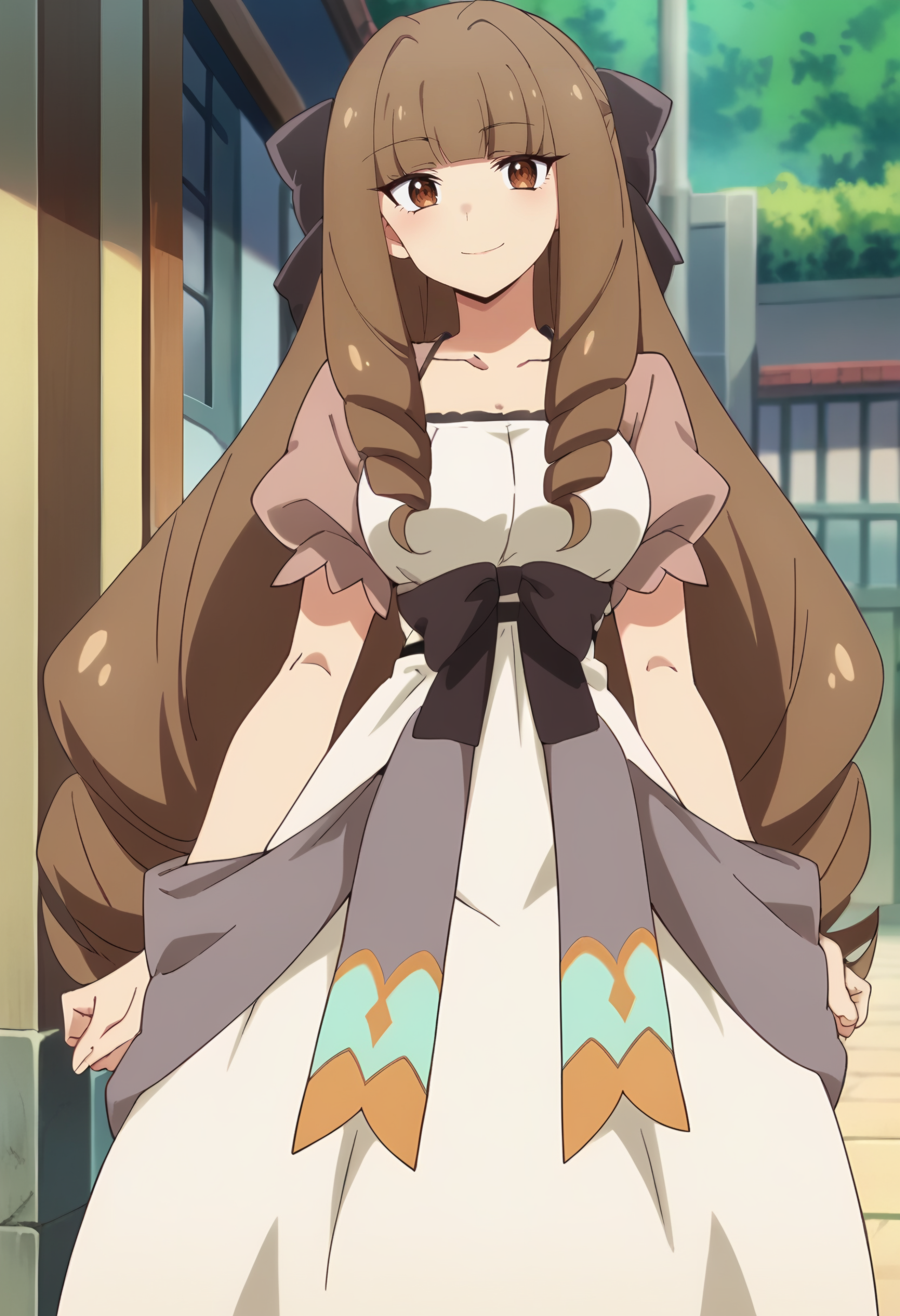 <lora:Elizabeth Klyrode:0.9> elizabeth klyrode, 1girl, brown hair, long hair, blunt bangs, brown eyes, solo, drill hair,    white dress, short sleeves black bow, hair bow,puffy sleeves, puffy short sleeves,colorful shawl, ribbon, cowboy shot, looking at viewer, smile, score_9, score_7_up,anime coloring ,source_anime, anime