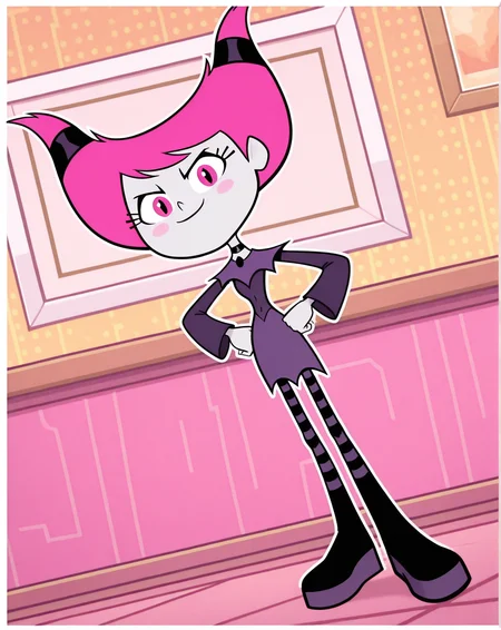 jinx_(Teen_Titans_Go!), 1girl, solo, full_body, pale-white skin, pink cheeks, long eyelashes, thin cat-like pupils, pink hair, horn-shaped pigtails, purple gothic dress, black and purple-striped stockings, black and purple boots, (smile, dutch angle, Hands on hips,naughty pose, looking at viewer, indoors, elegant room, solo, dynamic pose, head tilt,),(( dynamic halftone dot background, stylized background, White frame, Square frame, white outline))