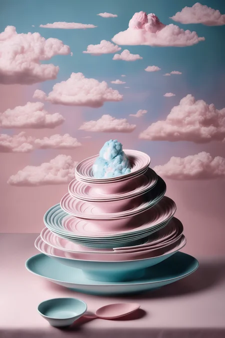 <lora:Surreal Plate:1>Surreal Plate - a plate with a stairway spiraling upwards, leading to a sky filled with cotton candy clouds