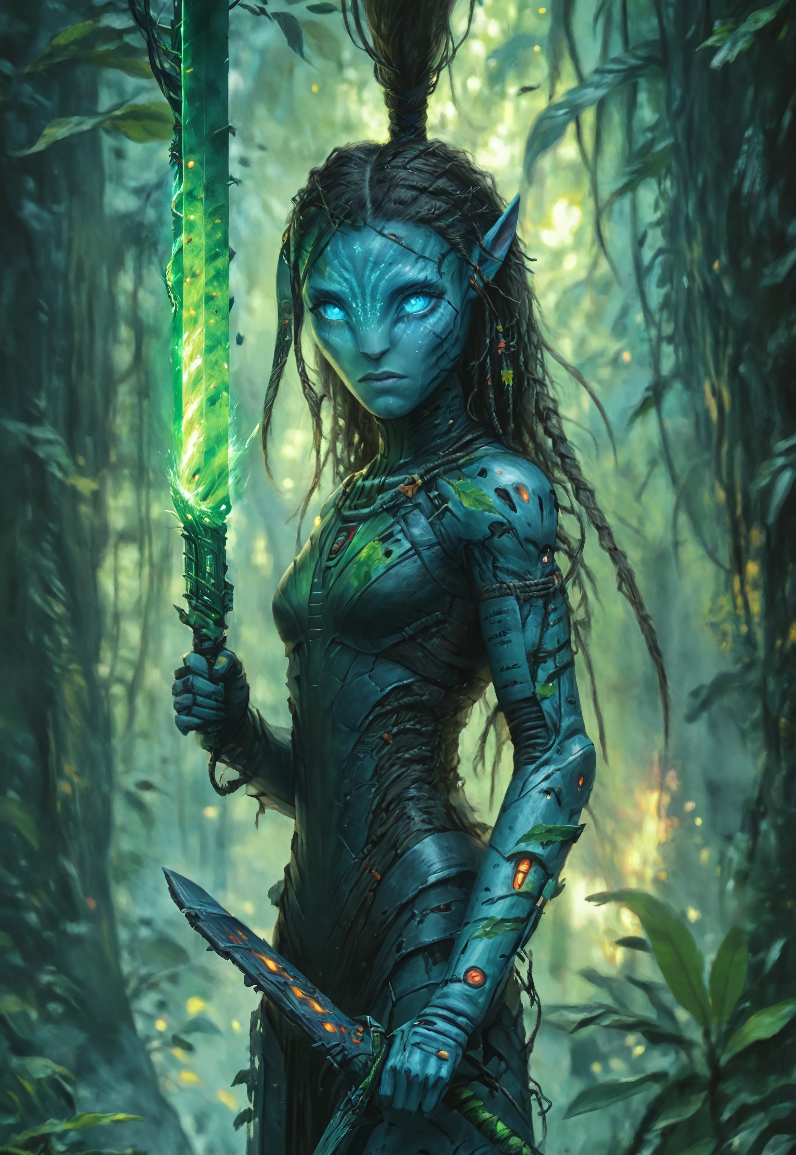 w4rh4mm3r style oil painting of a female cyborg Avatar navi alien with blue skin, wearing torn and damaged leaf and bark armor, with a cybernetic arm, holding plasma sword, green plasma sword, burning forest of huge trees in the background, long electrical wires braided hair