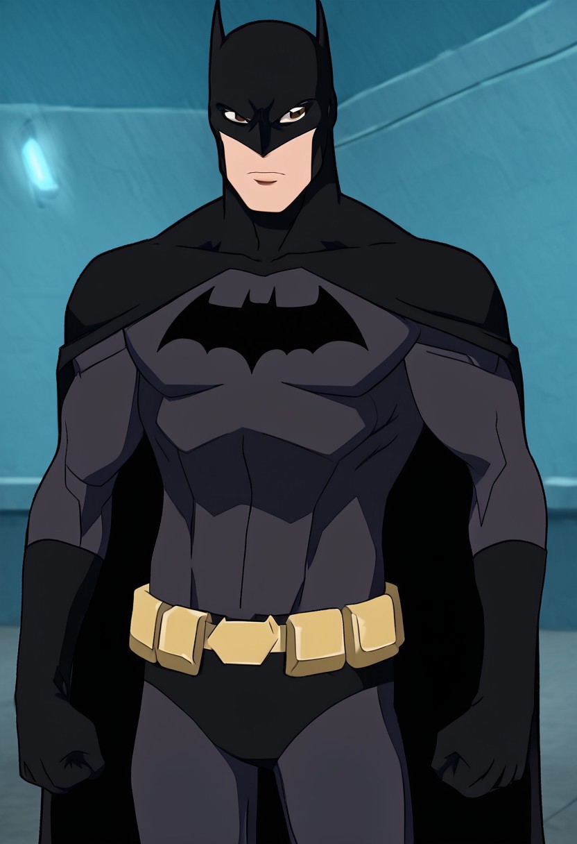 harmard, black hair, short hair, brown eyes, 1boy, solo, solo focus, wear batman outfit, BMYJ, cape