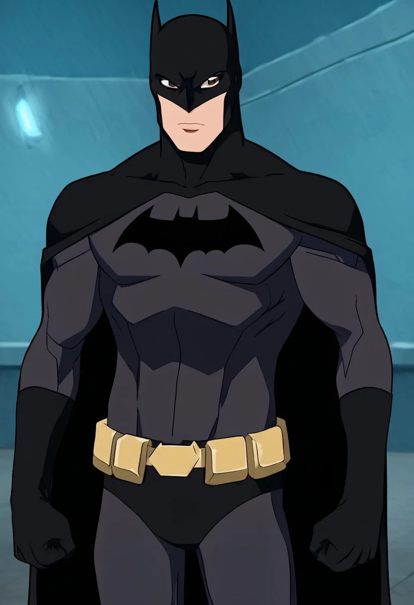 harmard, black hair, short hair, brown eyes, 1boy, solo, solo focus, wear batman outfit, BMYJ, cape
