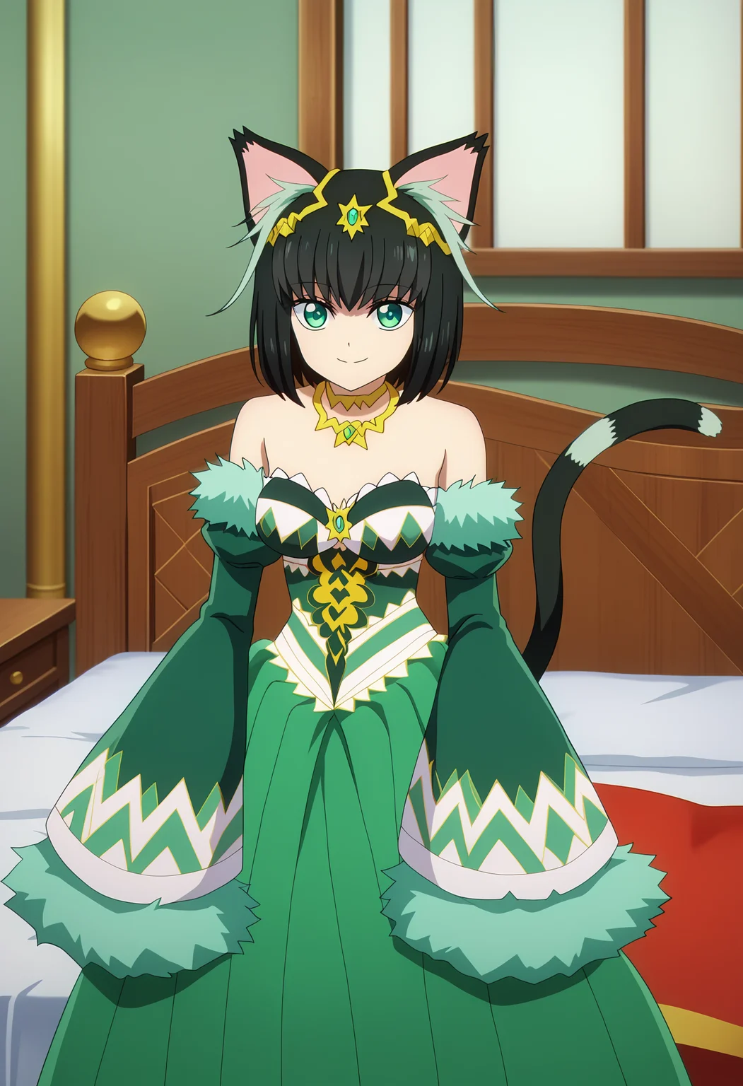 score_9, score_8_up, score_7_up,source_anime,
BREAK
1girl, solo,
<lora:shiTamaV1:1>, tamapridre, short hair, black hair, multicolored hair,
green eyes, cat tail, cat ears, animal ears,
long dress, long sleeves, jewelry, bare shoulders, detached sleeves, official alternate costume, wide sleeves, necklace, sleeves past wrists, fur trim, strapless, strapless dress, green dress,
looking at viewer, smile, indoors, bed,