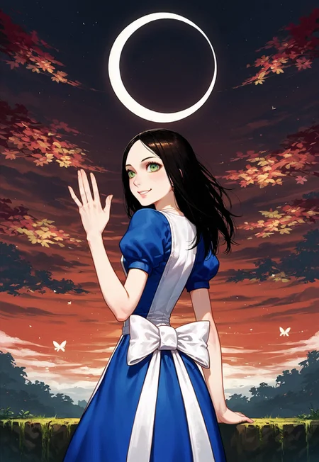 SCORE_9, SOURCE_ANIME, SOLO, 1GIRL, PORTRAIT, CLOSE UP, ALICE LIDDELL, BLACK HAIR, GREEN EYES, DRESS, APRON, RIBBON, FROM BEHIND, LOOKING BACK, SMILE, WAVING GOODBYE, BREAK, RED SKY, ECLIPSE, HORROR THEME, NIGHT