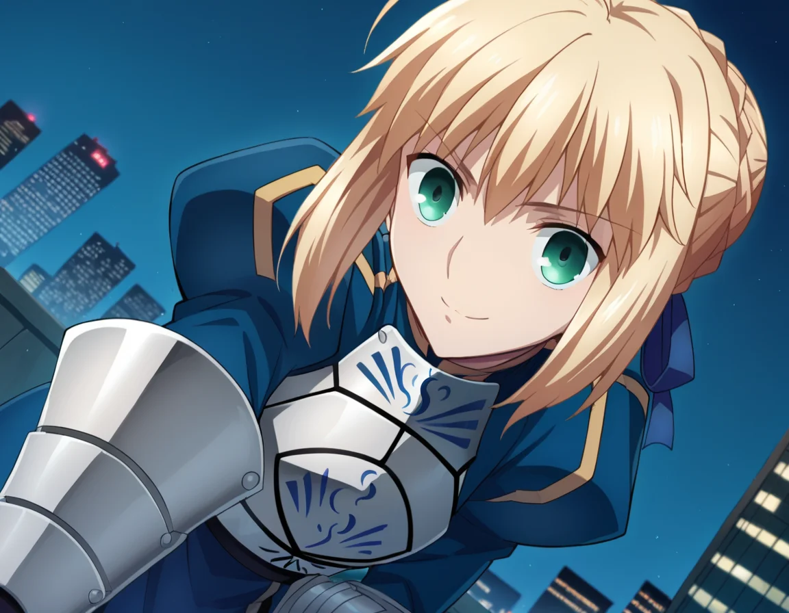 score_9, score_8_up, score_7_up, source_anime,
artoriapendragon, <lora:artoria-pendragon-hf-ponyxl-lora-nochekaiser:1>,
artoria pendragon, artoria pendragon \(fate\), saber, blonde hair, green eyes, ahoge, sidelocks,
hair bun, single hair bun, braid, dress, ribbon, hair ribbon, armor, gauntlets, armored dress,
outdoors, cityscape, bent over, smile,
looking at viewer, dutch angle,