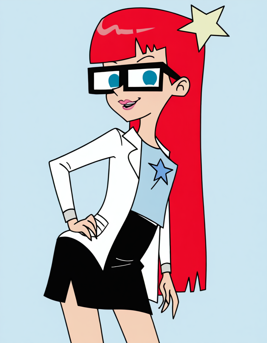susantest, 1girl, red hair, glasses, solo, long hair, blue eyes, star hairclip, labcoat, blue t-shirt, lips, skirt , looking at viewer, hand on own hip, cowboy shot, smile, , masterpiece, best quality, amazing quality, very aesthetic, absurdres,<lora:SusanTestIllustrious1.0JLFO-000017:1>