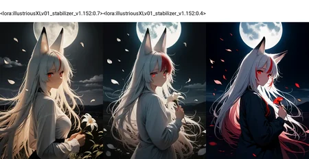 <lora:illustriousXLv01_stabilizer_v1.152:0.7><lora:noobai_ep11_stabilizer_v0.205_fp16:0.4>1girl,fox ears,red eyes,long hair,red hair,white hair,multicolored hair,closed mouth,looking at viewer,upper body,holding flower,from side,falling petals,ambient light,night,black sky,moon,cloud,long sleeves,wind,land,dark,masterpiece,