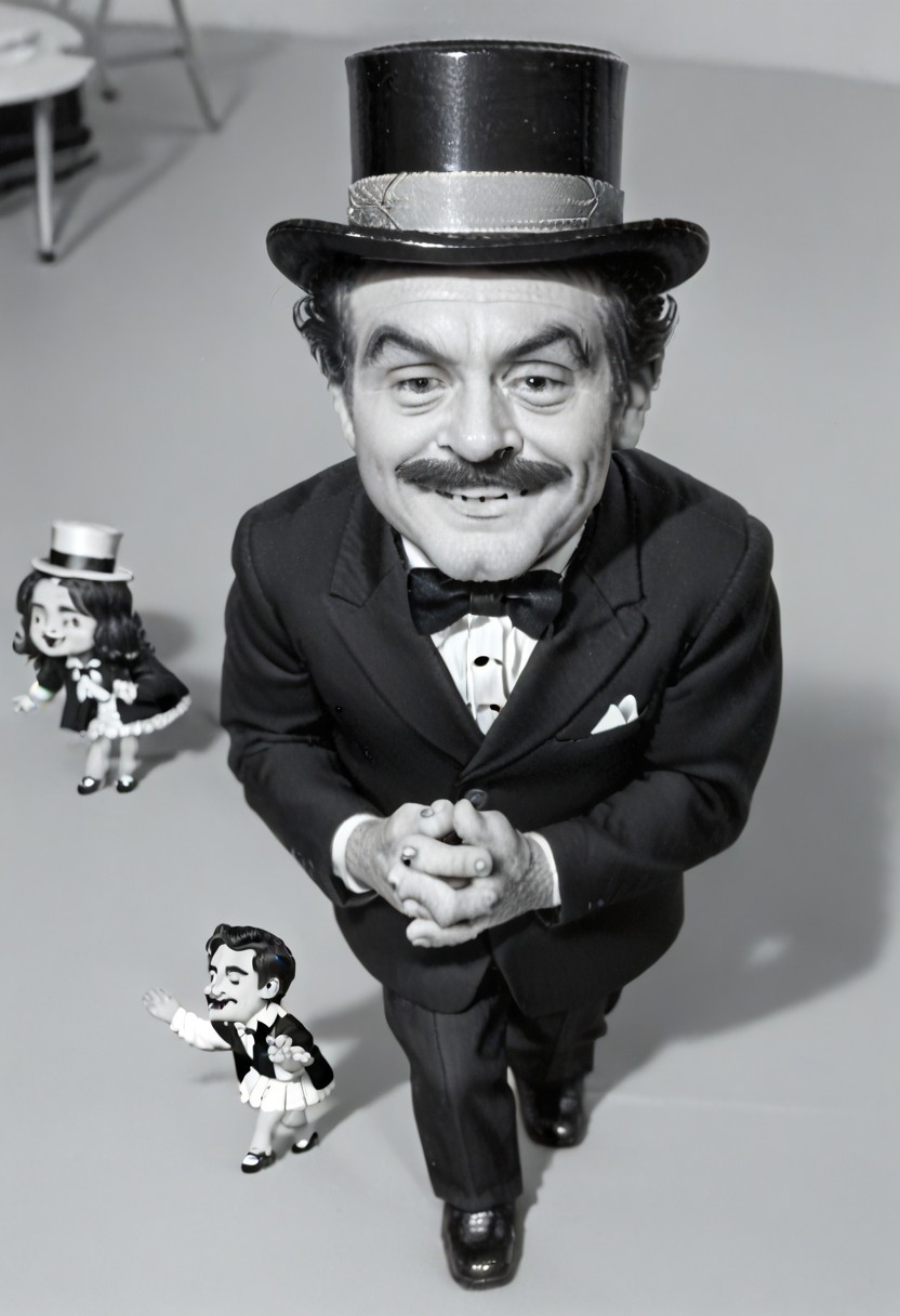 (((black and white, monochrome, greyscale))),((dancing,fully clothed, small man with mustache, top hat, kenbis, chibi, chibi, male only, dancing, male, male chibi, monocle, art deco, thick mustache, comically large mustache, handlebar mustache, tiny, multiple men, shrunk, microxl, some little guys,  high angle, from above)), bwMovies, realistic, photo, vintage photo, ((very small man, small man, a small man, a man who is small, a small man)) suit, an unapologetically small human male, black and white, smiling, very happy, euphoric, ecstatic, wonderful small men, large smile, huge smile
