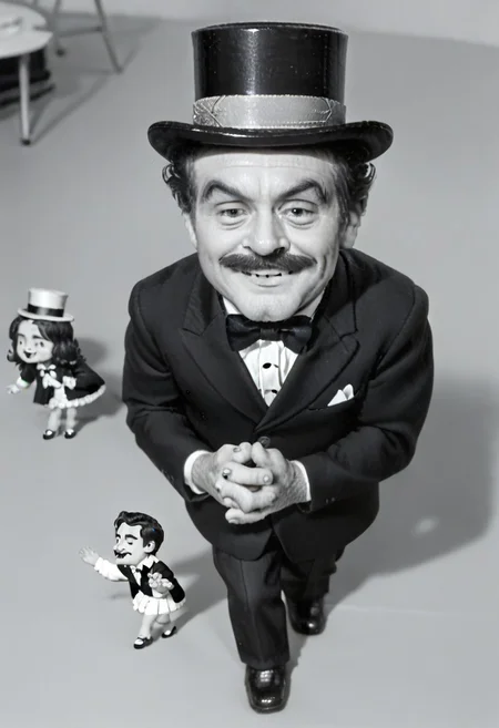 (((black and white, monochrome, greyscale))),((dancing,fully clothed, small man with mustache, top hat, kenbis, chibi, chibi, male only, dancing, male, male chibi, monocle, art deco, thick mustache, comically large mustache, handlebar mustache, tiny, multiple men, shrunk, microxl, some little guys,  high angle, from above)), bwMovies, realistic, photo, vintage photo, ((very small man, small man, a small man, a man who is small, a small man)) suit, an unapologetically small human male, black and white, smiling, very happy, euphoric, ecstatic, wonderful small men, large smile, huge smile