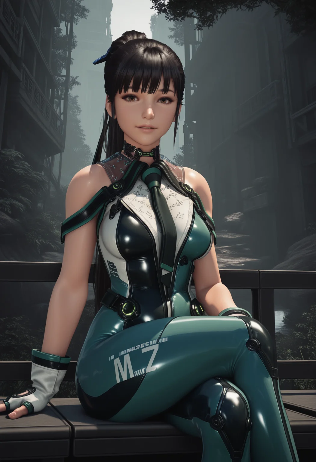 1girl,solo,mm,mature female,long hair,black hair,brown eyes,bangs,ponytail,realistic,3d,
bodysuit,science fiction,bare shoulders,gloves,fingerless gloves,sitting, crossed legs, looking at viewer, parted lips, light smile, outdoors
,masterpiece,best quality,amazing quality,<lora:Eve-Stellar_Blade:0.8>