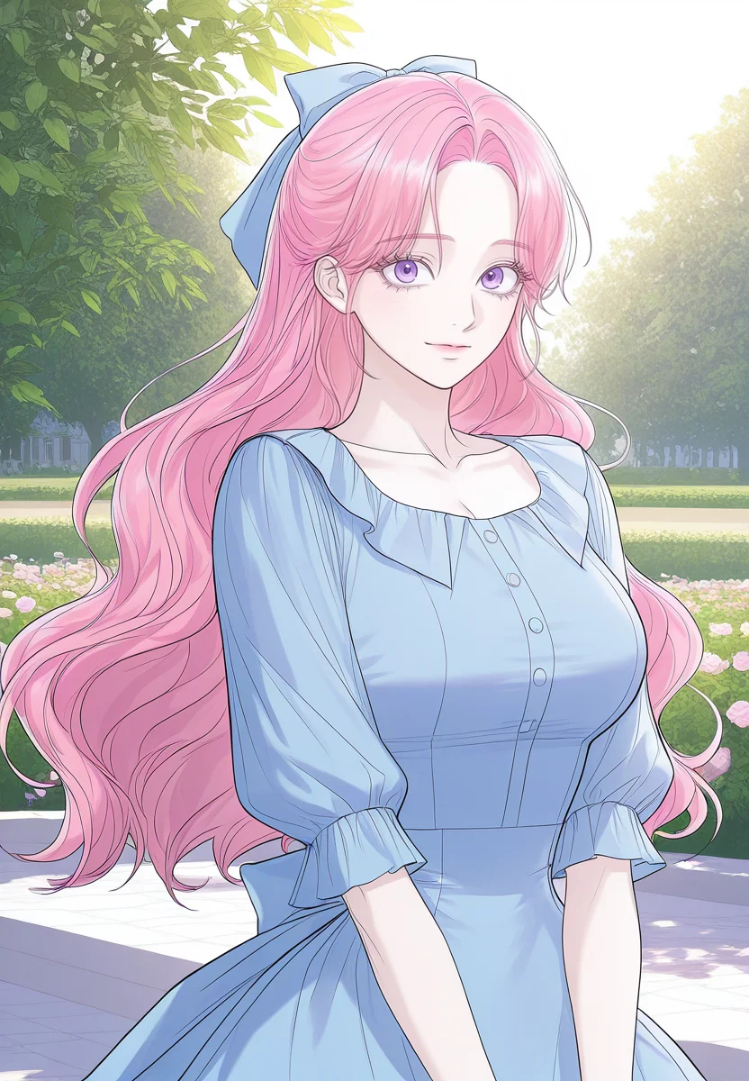 gorgeous girl, kawaii girl, cute face, masterpiece, best quality, very awa, absurdres, ultra-detailed-eyes, detailed background, ambient occlusion, raytracing, soft lighting, absolutely eye-catching, intricate cinematic background, (beautiful face), Masterpiece,(perfect female body),(detailed hair), detailed background, small waist, detailed skin, (4k),(incredibly detailed:1.4), perfect anatomy, slim, neatly drawn nose, beautiful fingers, small waist, (super model body), (large breasts), looking at viewer, garden, outdoors
<lora:Lariette_Blanche-I_Thought_My_Time_Was_Up-Kaleid_Illustrious:1>/larietteblanche/, 1girl, pink hair, purple eyes, long hair, eyelashes, blue dress, hair bow,
