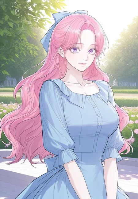 gorgeous girl, kawaii girl, cute face, masterpiece, best quality, very awa, absurdres, ultra-detailed-eyes, detailed background, ambient occlusion, raytracing, soft lighting, absolutely eye-catching, intricate cinematic background, (beautiful face), Masterpiece,(perfect female body),(detailed hair), detailed background, small waist, detailed skin, (4k),(incredibly detailed:1.4), perfect anatomy, slim, neatly drawn nose, beautiful fingers, small waist, (super model body), (large breasts), looking at viewer, garden, outdoors
<lora:Lariette_Blanche-I_Thought_My_Time_Was_Up-Kaleid_Illustrious:1>/larietteblanche/, 1girl, pink hair, purple eyes, long hair, eyelashes, blue dress, hair bow,