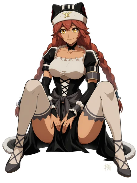 score_9, score_8_up, score_7_up, score_6_up, score_5_up, score_4_up, lupusregina_Black_maid_uniform, lupusreginabeta, medium_breasts, underbust, looking_at_viewer, solo, collarbone, closed_mouth, smile, black_animal_hat, black_choker, white_shirt, taut_shirt, black_corset, puffy_short_black_sleeves, elbow_black_bridal_gauntlets, wrist_cuffs, clothes_around_waist, black_skirt, fur_trim_skirt, long_skirt, side_slit, white_legwear, lace-trimmed_legwear, black_footwear, ballet_slippers, spread_legs, knees_up, thighs, cross-laced_footwear, arm_support, sitting, full_body, simple_background, white_background,  <lora:Lupusregina_Beta_V1SDXL:1>