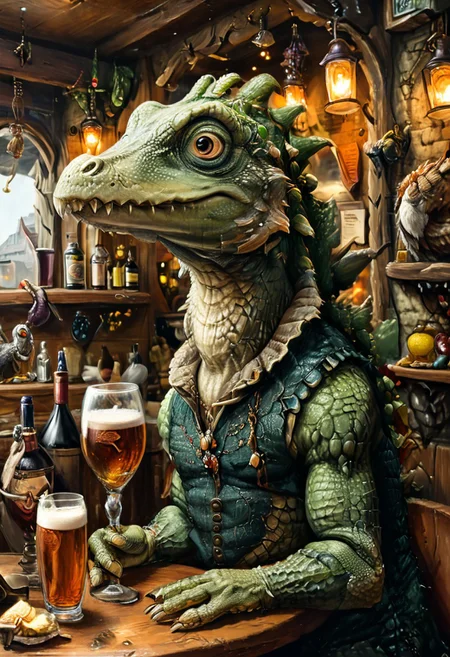 Detailed digital portrait of an anthro Crocodile at a bar, <lora:xl_more_art-full_v1:0.5>, full body in frame, big tail<lora:The_Crazy_Style:0.7> <lora:anthro_muscular:0.7>