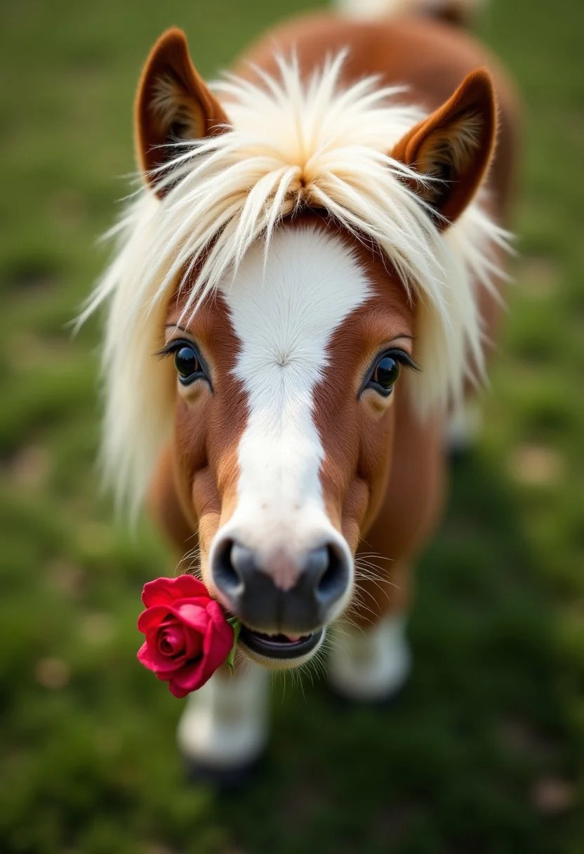 close-up top view, close-up of a small brown and white happy pony with a long white mane standing on a grassy field with a blurred background in its mouth holding a red rose in its nose, rose is in full bloom and the pony is looking directly at the camera, playful, whimsical, high-detailed, colorful, professional photoshoot, vivid color, chiaroscuro lighting, aidmaimageupgrader