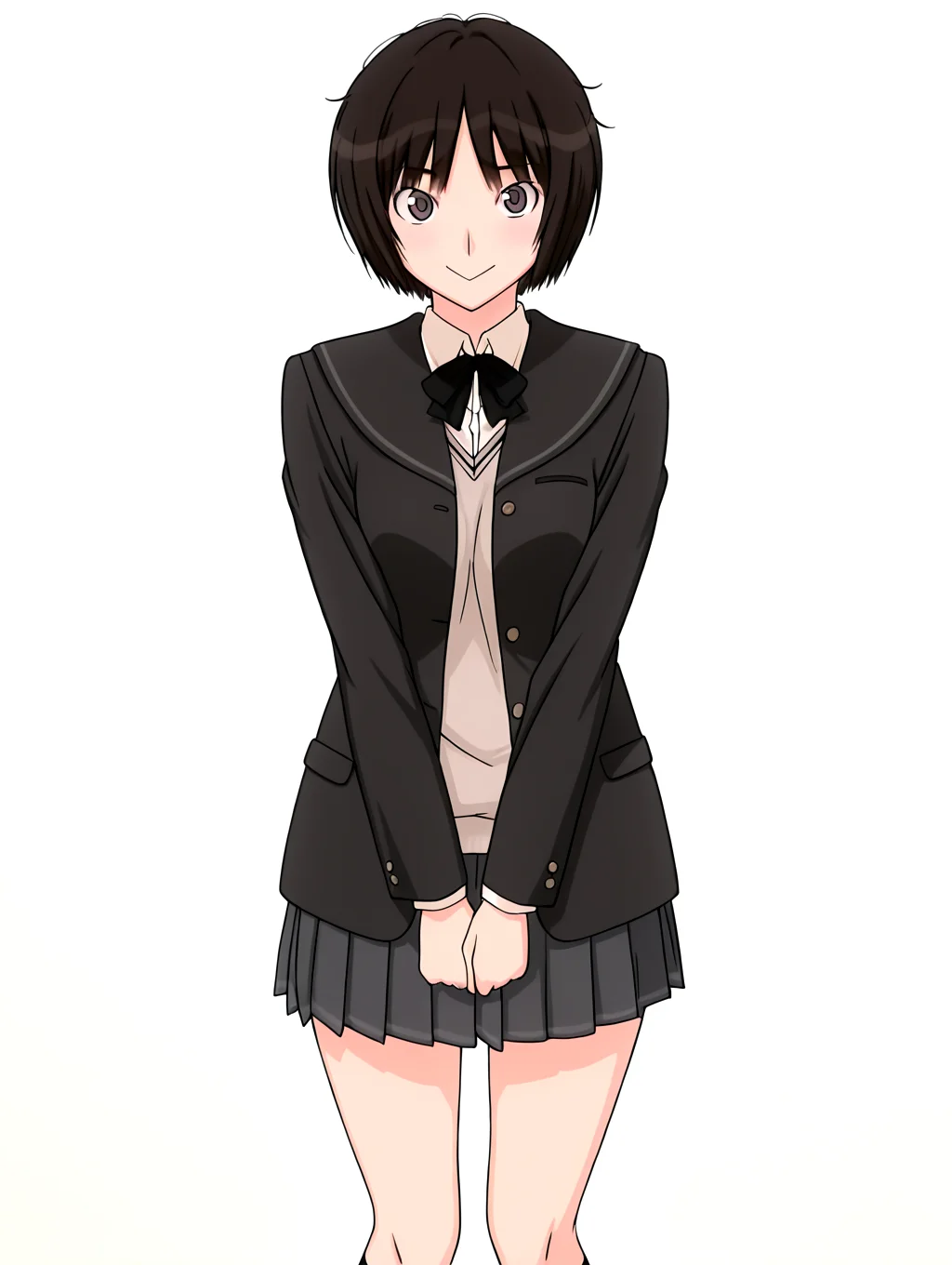 best quality,masterpiece,anime screencap,simple background,solid white background,
1girl,solo,
looking at viewer,
<lora:IL-AMAGAMI-TACHIBANA-MIYA-09:1>,il-tachibana-miya,amagami,kibito high school uniform,1girl,school uniform,solo,jacket,sweater vest,bowtie,pleated skirt,black socks,loafers,
=_=,:>,