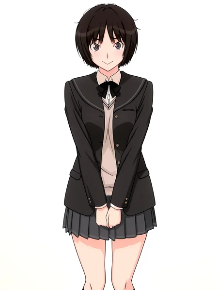 best quality,masterpiece,anime screencap,simple background,solid white background,
1girl,solo,
looking at viewer,
<lora:IL-AMAGAMI-TACHIBANA-MIYA-09:1>,il-tachibana-miya,amagami,kibito high school uniform,1girl,school uniform,solo,jacket,sweater vest,bowtie,pleated skirt,black socks,loafers,
=_=,:>,