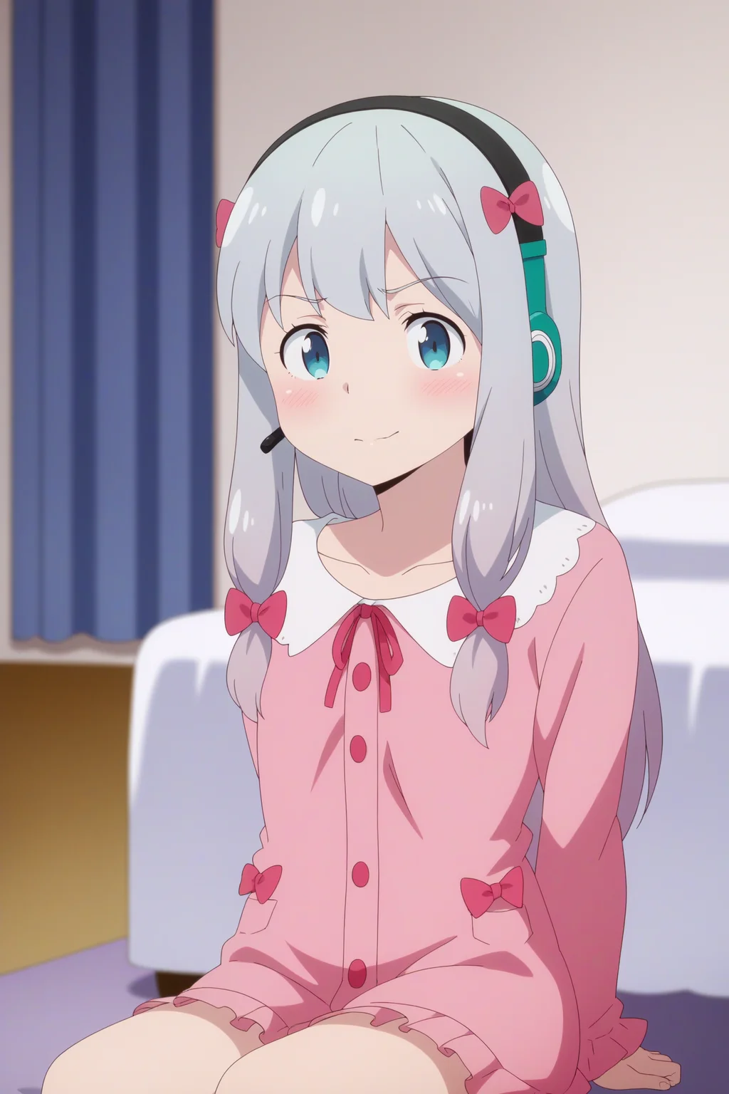1girl,solo,izumi sagiri,long hair,grey hair,bow,blush,hair bow,pajamas,headset,sit,bed,hands behind the back,indoors,bedroom,pink wall