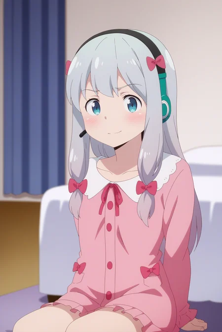 1girl,solo,izumi sagiri,long hair,grey hair,bow,blush,hair bow,pajamas,headset,sit,bed,hands behind the back,indoors,bedroom,pink wall