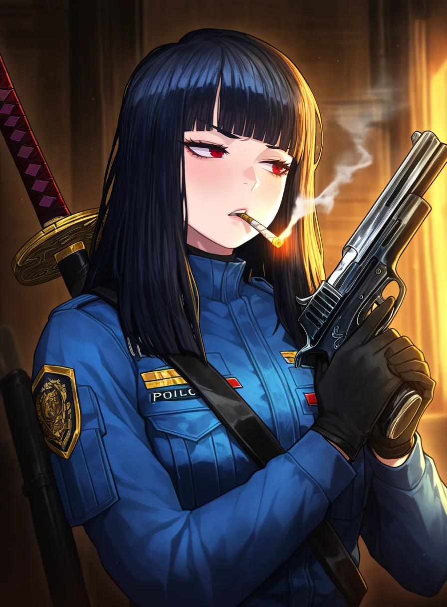 masterpiece, best quality, very aesthetic,gloss,uncensored,
BREAK
weapon, 1girl, shotgun, solo, gloves, black hair, holding, cigarette, black gloves, red eyes, long hair, holding weapon, jacket, long sleeves, katana, sword, mouth hold, sitting, handgun, police, blue jacket, sheath, blunt bangs, indoors, smoking gun, upper body, uniform,
<lora:nai_ga-ill-fandingo:1>