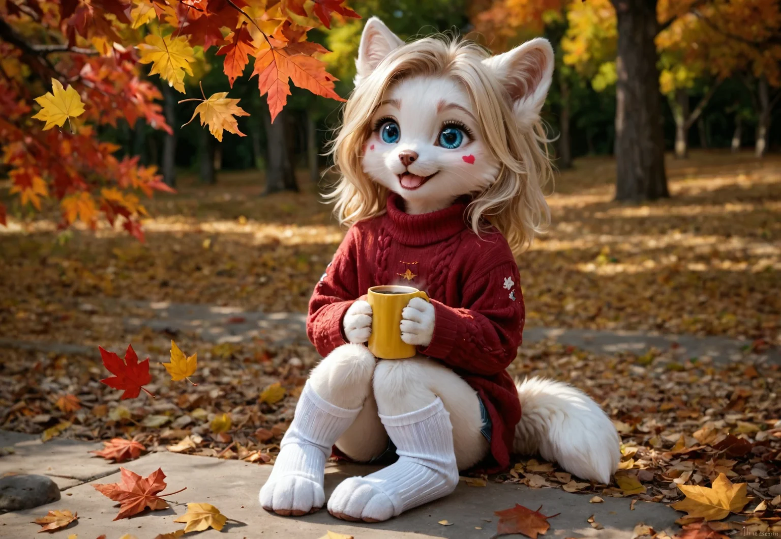 score_9, score_8_up, score_7_up, score_6_up, high res, detailed background, detailed face, detailed mouth, high detail, detailed fur, furry, fluffy, masterpiece, best quality, amazing quality,
kalei ,white skin,
1girl, solo, anthro, long yellow hair, large bushy yellow tail, white fur, white limbs, digitigrade legs, , blue eyes, (child, kid)
in an oversized knitted sweater kneels in a pile of golden autumn leaves, her hands full of crimson maple leaves. Her cheeks are dusted with a soft blush, and her hair is adorned with a tiny acorn hairpin. She giggles as a breeze sends leaves swirling around her, one caught playfully in her tousled hair. A thermos of hot cocoa sits forgotten beside her, steam long gone, while sunlight filters through orange-tinted trees behind her,
1girl, autumn_leaves, fluffy_sweater, blush, sparkling_eyes, hairpin, kneehighs, fallen_leaves, smiling, wind_blown_hair, moe, cozy, outdoors, innocent_expression, cheek_marks, leaf_pile, thermos, rustic_aesthetic
, <lora:dreamkeepers_kalei_illus:1>,,fluffy