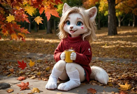 score_9, score_8_up, score_7_up, score_6_up, high res, detailed background, detailed face, detailed mouth, high detail, detailed fur, furry, fluffy, masterpiece, best quality, amazing quality,
kalei ,white skin,
1girl, solo, anthro, long yellow hair, large bushy yellow tail, white fur, white limbs, digitigrade legs, , blue eyes, (child, kid)
in an oversized knitted sweater kneels in a pile of golden autumn leaves, her hands full of crimson maple leaves. Her cheeks are dusted with a soft blush, and her hair is adorned with a tiny acorn hairpin. She giggles as a breeze sends leaves swirling around her, one caught playfully in her tousled hair. A thermos of hot cocoa sits forgotten beside her, steam long gone, while sunlight filters through orange-tinted trees behind her,
1girl, autumn_leaves, fluffy_sweater, blush, sparkling_eyes, hairpin, kneehighs, fallen_leaves, smiling, wind_blown_hair, moe, cozy, outdoors, innocent_expression, cheek_marks, leaf_pile, thermos, rustic_aesthetic
, <lora:dreamkeepers_kalei_illus:1>,,fluffy