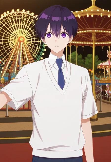 masterpiece, best quality, anime screencap, official style, anime coloring, cowboy shot, 1boy, solo, male focus, <lora:yuuki_izumi_ilxl:0.98>, yuuki_izumi, purple hair, purple eyes, short hair, bangs, hair between eyes, white shirt, collared shirt, blue necktie, school uniform, rule of thirds, amusement park, carousel, ferris wheel, midnight, dynamic pose, relaxed, medieval costume