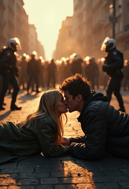 Ultrarealistic. sharp focus, dynamic lighting. play of light, high definition, Ultra detailed, high angle shot, realistic, chaos in the big city in the background, two teenage lovers kissing on the ground. Lay down caressing and kissing on the ground. Protesters and riot police in battle in background, many protesters and many police with helmets vests and riot shields. Casual 18 yo clothes on the two teenagers. Heartwarming scene, long blond hair from the girl covering a lot of the guys face, the kissing teenagers focus of the photo,
 Stable_Yogis_Scenery_positives,
FastNegativeV2