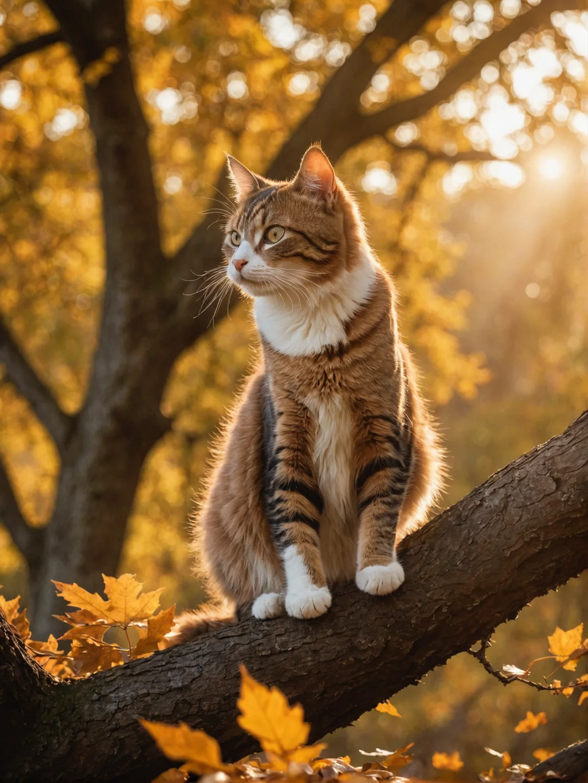 photo of a Cat poised gracefully atop an ancient oak tree, autumn leaves fluttering around, golden hour casting long shadows, backlit, sharp focus on feline, bokeh effect on background foliage, cinematic film still,
