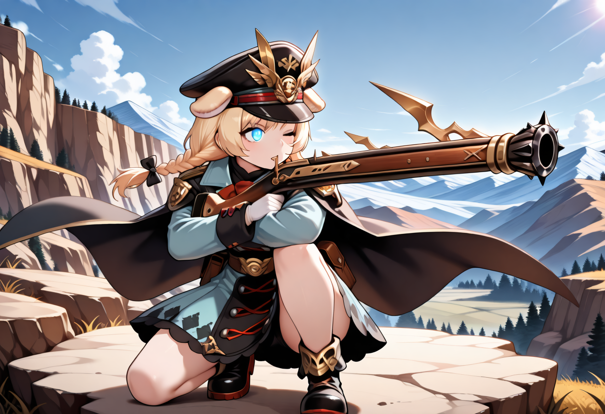masterpiece, best quality, KRRodina, 1girl, weapon, blonde hair, solo, holding weapon, gun, gloves, braid, holding gun, white gloves, aiming, boots, holding, black footwear, hair bow, hair bow, military hat, cape, military uniform,twin braids, long sleeves, peaked cap, skirt, long hair, bear ears hat,holding weapon,looking ahead,glowing eyes, sniper on arm, kneeling, crossed arms, arm on knee, arm on top, (rocky mountain terrain:1.2), (distant view:1.0), (clouds below cliff:0.9), (military gear:0.9), (focused gaze:1.2), (dry grass:0.8), (eagle flying nearby:0.7), (natural vantage point:1.0),
(on cliff edge:1.2),closed eye, sky,outdoor,grass,rock,bag,map,