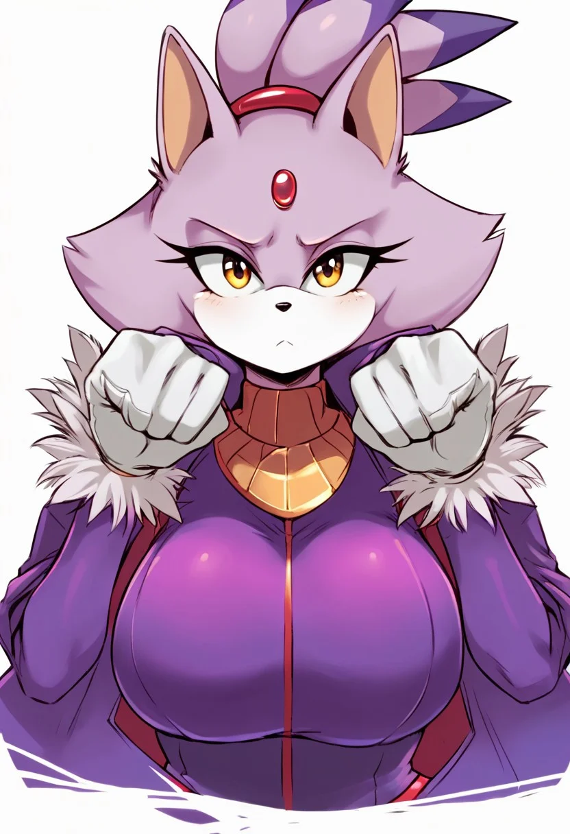 score_9, score_8_up, score_7_up, source_anime, blaze the cat, blaze the cat (sonic), large breasts, huge breasts, enormous breasts, big breasts, short stacked, short, adorable, upper body, white background, blank background, looking at viewer, white gloves, 1girl, 1girl only, perky breasts, focussed expression, big eyes, large eyes, arms out to sides, athletic upper body, toned upper body, firm breasts, red line in centre of jacket, closed purple jacket,