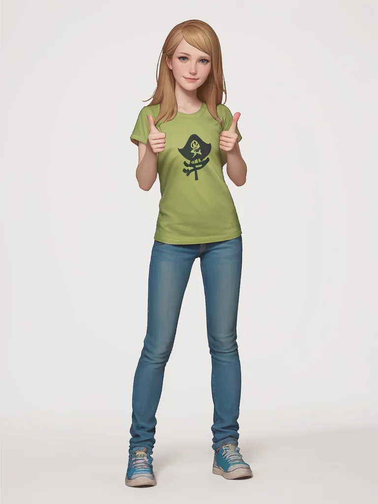 ((score_9)), score_8_up, looking at viewer, highly detailed, sharp focus, (((1girl))), <lora:Young_Chloe_Price:1> young_chloe_price, light brown hair, blue eyes, ((long hair)), ((swept bangs)), straight hair, green shirt, green t-shirt, short sleeves, cat pirate shirt, blue jeans, light blue sneakers, full body, thumbs up, smiling, white background, empty background