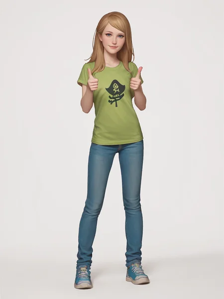 ((score_9)), score_8_up, looking at viewer, highly detailed, sharp focus, (((1girl))), <lora:Young_Chloe_Price:1> young_chloe_price, light brown hair, blue eyes, ((long hair)), ((swept bangs)), straight hair, green shirt, green t-shirt, short sleeves, cat pirate shirt, blue jeans, light blue sneakers, full body, thumbs up, smiling, white background, empty background