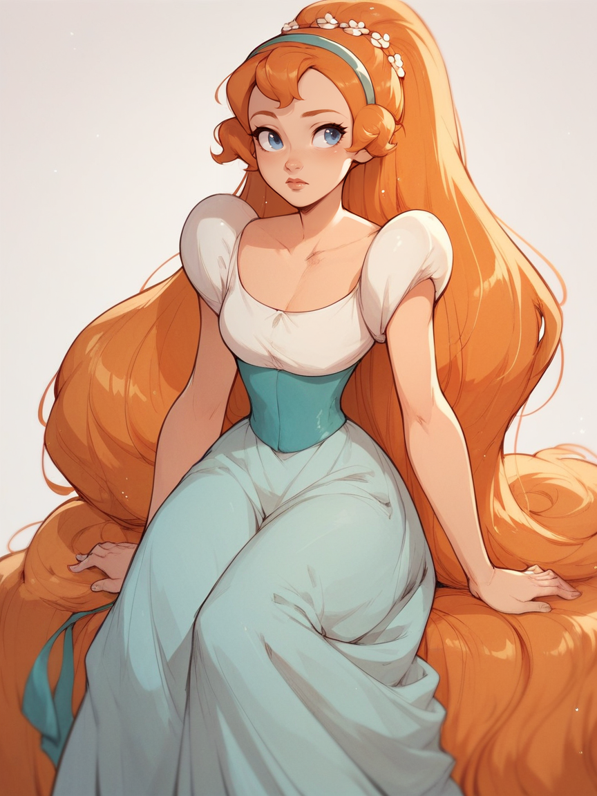 score_9, score_8_up, score_7_up, score_6_up, score_5_up,   <lora:ThumbelinaXLP:1> thumbelina, 1girl, solo, dress, hairband, blue eyes, very long hair, orange hair