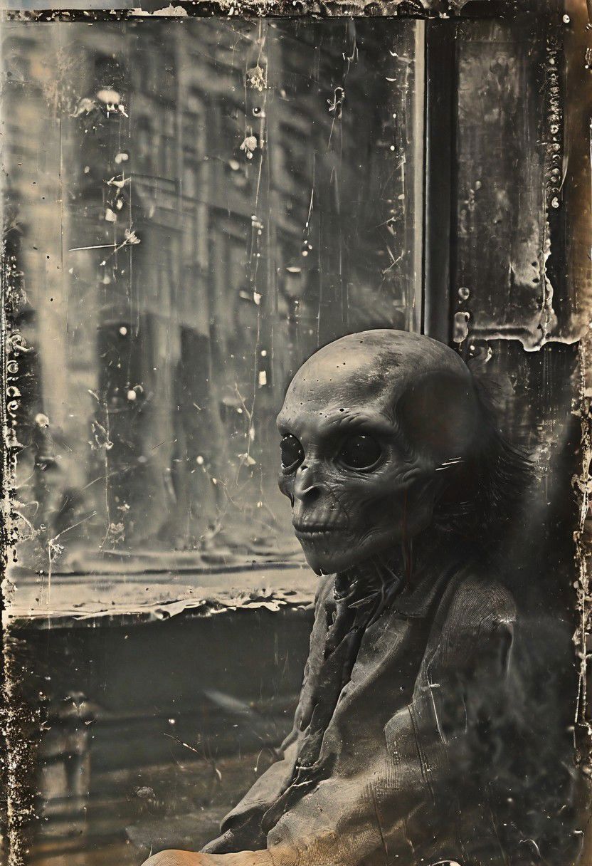 B&W 35mm vintage street photo of an alien sitting in a New York apartment, <lora:Vintage_Street_Photo:1.0>