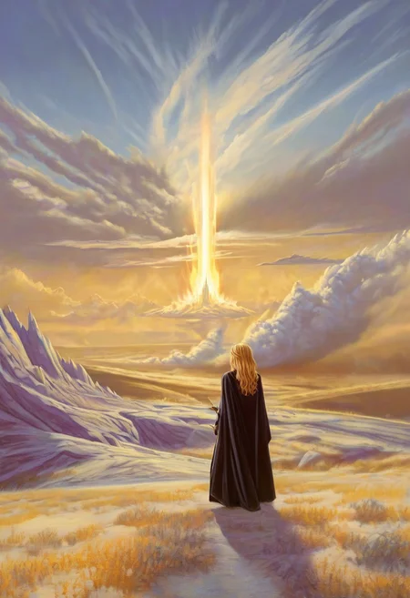 1woman, blonde hair, the grim reaper, facing away, rocky hill, standing, robe blowing in the wind, clouds, sky, sunset, stars, cosmic, in meditation, ultra detailed landscape, bright yellow, energy surrounding surrounding him, volumetric lighting, ultra detailed clothes, ultra detailed body, ultra detailed hair, a city made of blue crystals is on fire in the distance, serenity, holding a sword,
by Natalia Rak and Barclay Shaw in the style of Jessica Rossier,  <lora:EnvyAnimeWatercolorXL02:0.60> ,   Elmore_Style_LX <lora:Elmore_Style_LX-000011:0.60>