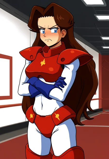 score_9,score_8_up,score_7_up,score_6_up,score_5_up,source_anime,1girl,(solo:1.2),jodysf0, <lora:JodySummerF0Pony:0.91>,long hair,brown hair,blue eyes,red armor,white bodysuit,blue gloves,crossed arms,cowboy shot,indoors,tunnel,scowling,facing viewer, <lora:Hinoarashi_v7:1>