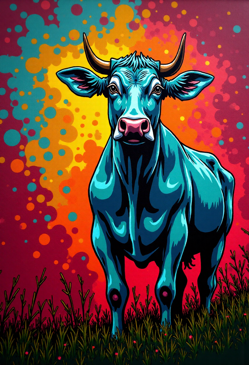 <lora:Graffiti_Characters2_FLUX-000011 (1):0.9>
This is a vibrant, stylized digital drawing set against a dramatic, abstract background, of a  a cow in a field