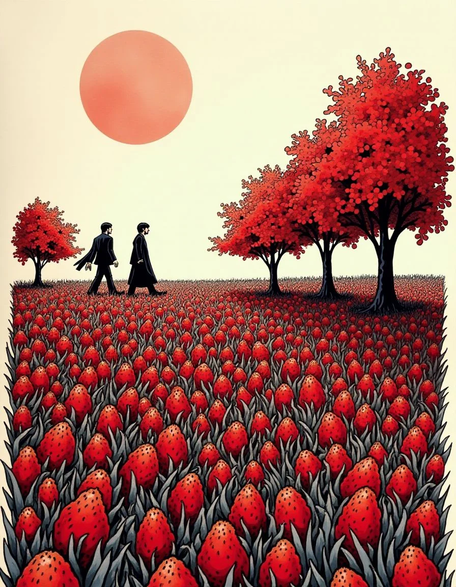 strawberry fields forever, beatles song poster but in 3 colour pen and ink abstract art style