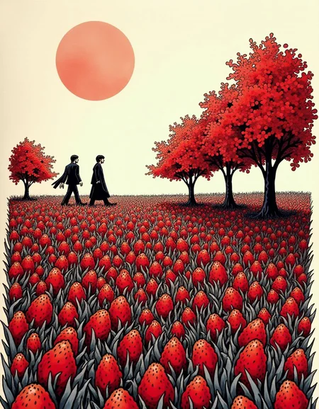 strawberry fields forever, beatles song poster but in 3 colour pen and ink abstract art style