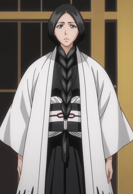 score_9, score_8_up, score_7_up, source_anime, BREAK 1girl, solo, <lora:DX888Retsu:1>, unohana retsu, black hair, single braid, black hakama, white haori