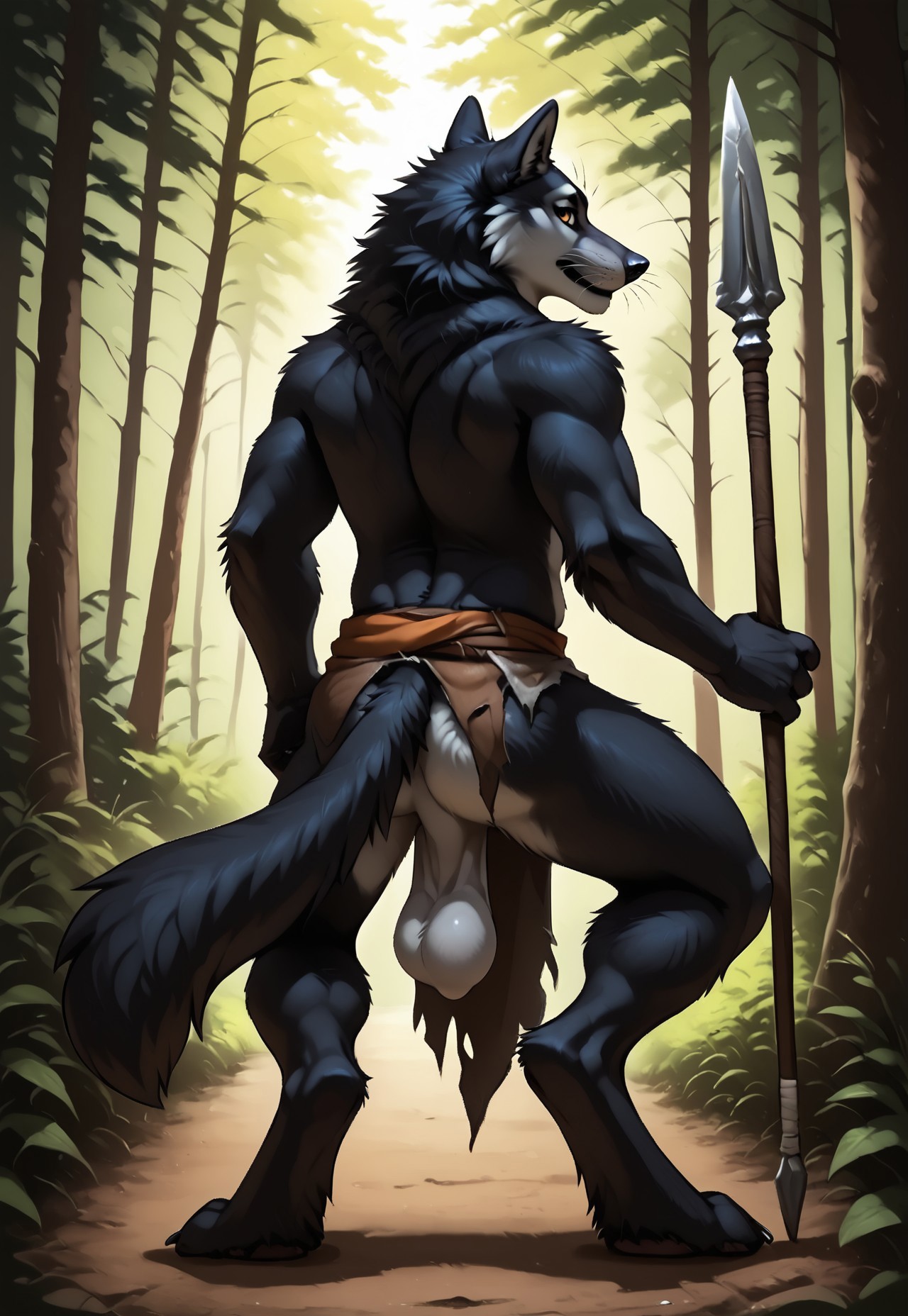 safe_pos, score_9, score_8_up, score_7_up, 1boy, (anthro, furry, male, muscular, wolf, paws, claws, whiskers, orange eyes, black fur, torn loin cloth, iv0s_saggy_testicles, iv0s_uneven_testicles, body fur), standing, forest, holding spear, from behind, looking back, looking at viewer