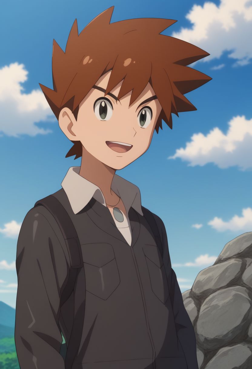 score_9, score_8_up, source_anime, highly detailed, 1boy, solo, skinny
gary_j, 1boy, male focus, solo, spiked hair, sky, cloud, jacket, bangs, brown hair, day, open mouth, smile, shirt, grey eyes, collared shirt,
outdoor, sky, rocks, sit,