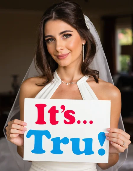 High quality photo of a beautiful smiling woman in a high neck wedding dress, the bride is holding a sign with "It's Tru!" in red and blue letters. She is looking at viewer