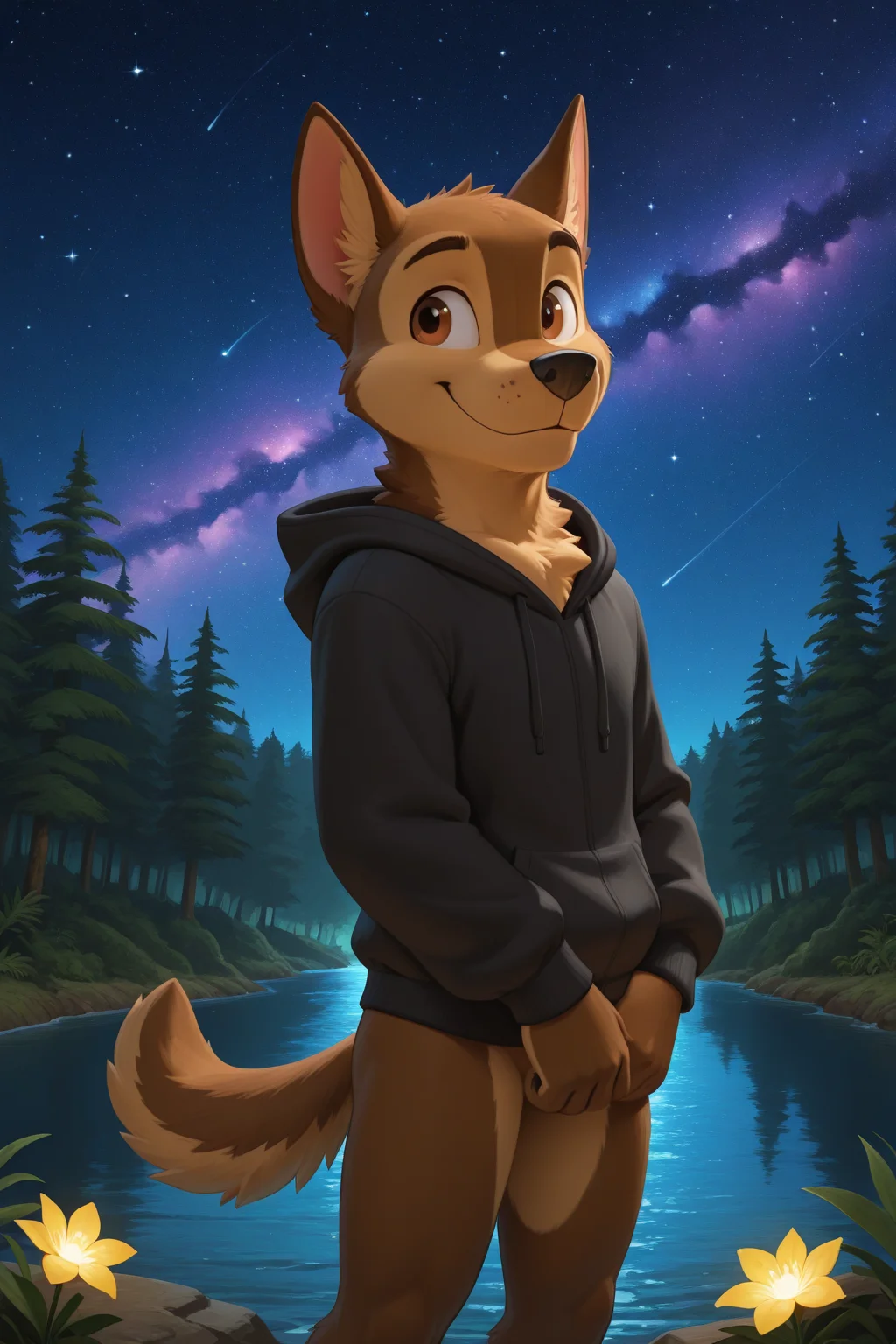 detailed fluffy fur texture, impasto impressionism, zackary911, Zaush, detailed eyes, solo, furry, anthro, chaseV2pp, domestic dog, male, brown eyes, brown fur, light brown body, fur body, curvy, nude, detailed fluffy fur texture, inner fluff ears, from front, standing, black hoodie, blue track shorts, backlighting, night forest, jungle, starry, nebula, plant, glowing flower, river, interior forest background, 1boy, smile, <lora:chasev25:1.1>