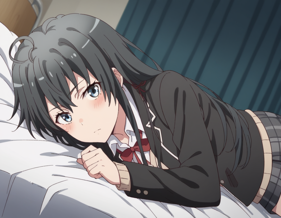 score_9, score_8_up, score_7_up, source_anime,
yukinoyukinoshita, <lora:yukino-yukinoshita-s2s3-ponyxl-lora-nochekaiser:1>,
yukino yukinoshita, black hair, blue eyes, long hair, ahoge,
blazer, cardigan, jacket, plaid, plaid skirt, school uniform, skirt, sobu high school uniform,
indoors, bed, bed room, on side, blush, drunk,
looking at viewer, cowboy shot, dutch angle, solo,